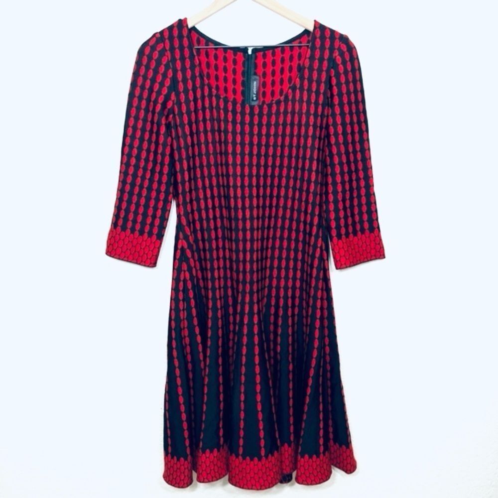 St. John Long Sleeve Knit Dress Red and Black Dotted Size 8